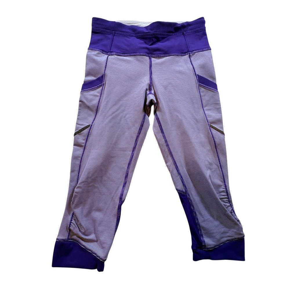 Lululemon Run Turbo Crop Womens 4 Purple Striped Luxtreme Athletic Leggings - Picture 1 of 7
